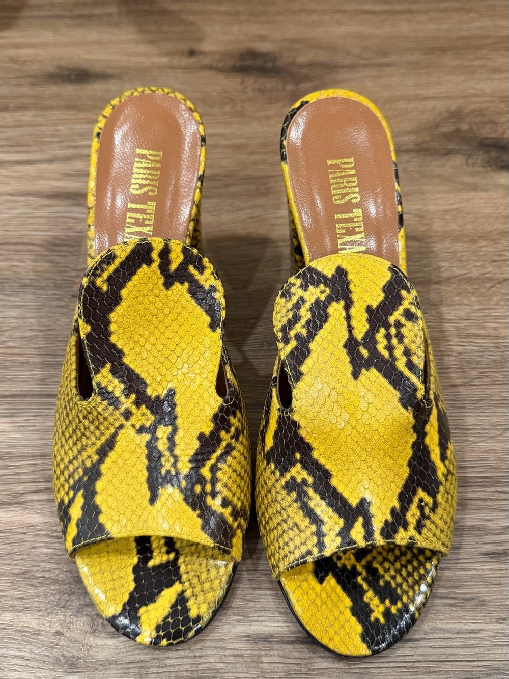 Paris Texas Yellow & Black Snake-Print Open-Toe Mules